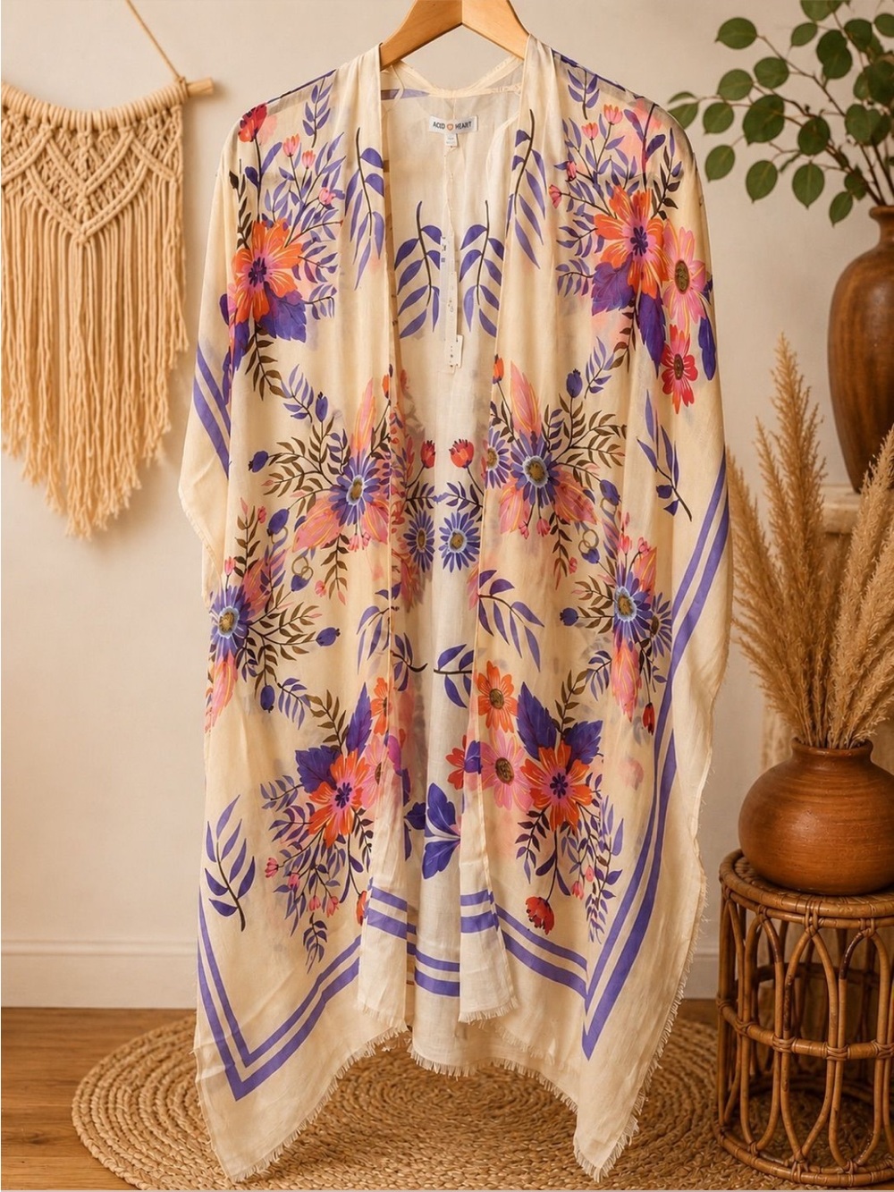 Woven Heart Cream Kimono with Purple & Pink Floral Print